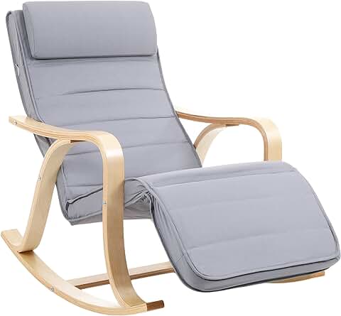 SONGMICS Mecedora, Sillón Tumbona, Madera de Abedul ,Reposapiernas, Ajustable en 5 Posisiones, Funda Lavable, Capacidad de Carga de 150 kg, Gris Claro LYY41G  