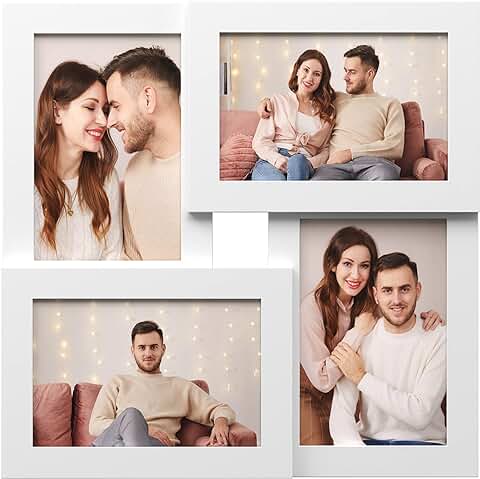 SONGMICS Picture Frames Collage for 4 Photos, for 4" x 6" (10 x 15 cm), Wall Mounted Photo Gallery Display, Glass Front, Wood Grain, White RPF25WT  