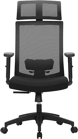 SONGMICS Silla de Oficina de Malla, Silla de Escritorio, Giratorio de 360°, Soporte Lumbar Ajustable, Apoyacabezas y Apoyabrazos, Inclinación del Respaldo Hasta 120°, Negro OBN55BK  