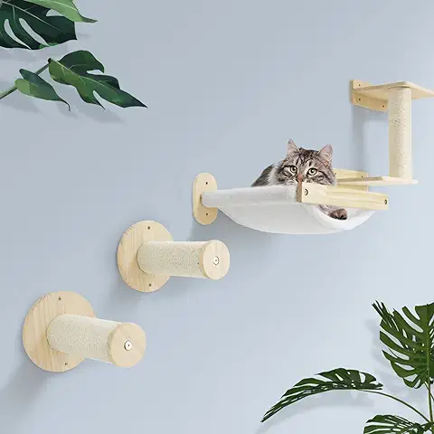 SONGWAY Pared de Escalada para Gatos - Perchas para Pared con Peldaño de Escalada Estante de Madera y Poste Rascador para Gatos, Hamaca para Gatos de Pared, Cama de Gato Pared  