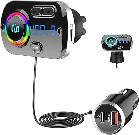 SONRU Upgrade Transmisor FM Bluetooth 5.0 Coche, Manos Libres para Vehículos, Reproductor MP3 Coche, Carga Rapida QC3.0 & PD 20W USB Portes, Apoyo Tarjeta TF, Salida AUX, SIRI/Google, Cable de 1.1M  