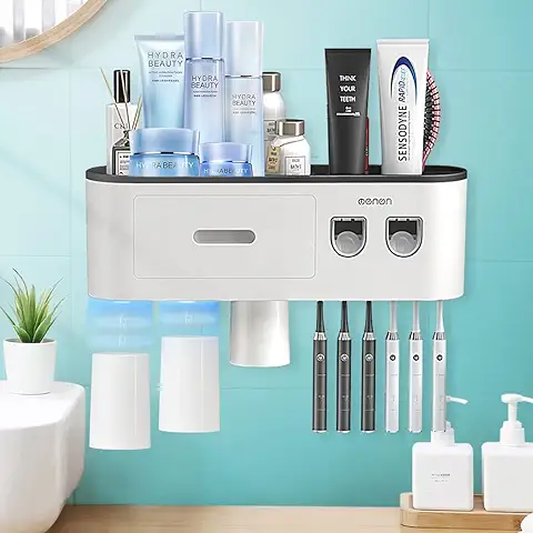 Soporte para Cepillo de Dientes Montado en la Pared con 2 Dispensador Automático de Cepillo de Dientes para Baño y Baño, 6 Ranuras para Cepillo de Dientes, 3 Tazas Magnéticas (Negro, 3 Tazas)  