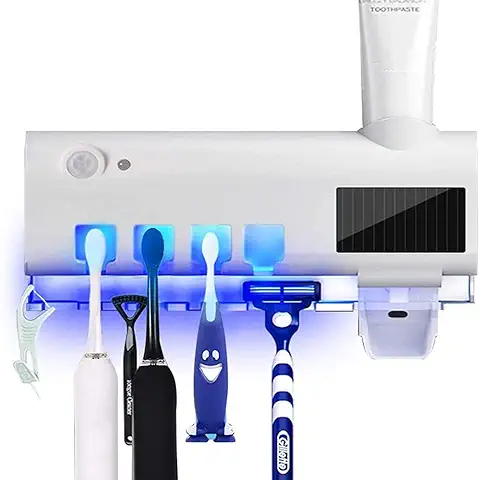 Soporte para cepillos de Dientes,Soporte Cepillo Dientes UV Esterilizador,Energía Solar Recargable Soporte con Dispensador Automático Pasta de Dientes (Blanco)