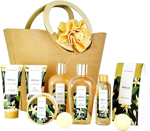 Spa Luxetique Set de Regalo de Baño Con Bolso a Vainilla, Set de Baño y Ducha con 10 Piezas, Set de Spa para Hogar, Incluye Bomba de Baño, Loción Corporal, Crema de Manos, Esponja, Ideal para Mujeres