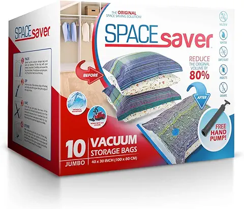 Spacesaver Bolsas de Vacio ropa Premium, 80% Más de Almacenamiento, Bomba para Viajes, Sello de Doble Cierre y Válvula Turbo con Triple Sellado, Bolsas Vacío Ahorro de Espacio-Extra Grandes 10 Piezas  