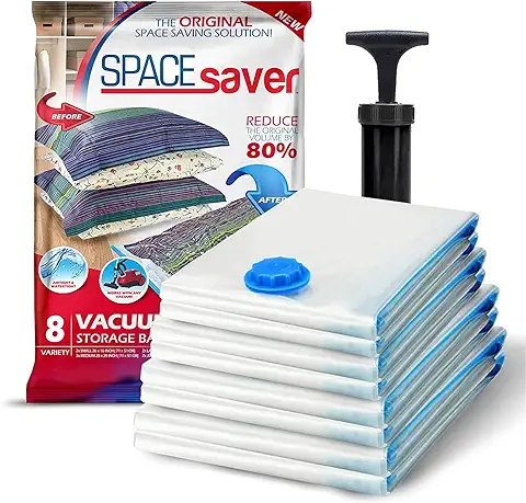 Spacesaver Bolsas de Vacio ropa Premium, 80% Más de Almacenamiento, Bomba para Viajes, Sello de Doble Cierre y Válvula Turbo con Triple Sellado, Bolsas Vacío Ahorro de Espacio-Variedad 8 Piezas  