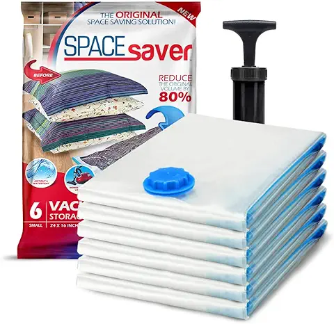 Spacesaver Bolsas de Vacio ropa Premium, 80% Más de Almacenamiento, Bomba para Viajes, Sello de Doble Cierre y Válvula Turbo con Triple Sellado, Bolsas Vacío Ahorro de Espacio-Pequeñas 6 Piezas  