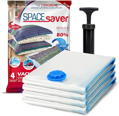 Spacesaver Bolsas de Vacio ropa Premium, 80% Más de Almacenamiento, Bomba para Viajes, Sello de Doble Cierre y Válvula Turbo con Triple Sellado, Bolsas Vacío Ahorro de Espacio-Medianas 4 Piezas  