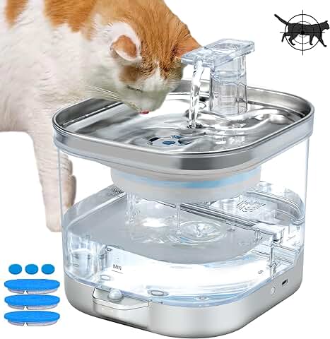 Spofan Fuente para Gatos Sin Cable, 2L Fuente Agua Gatos a Pilas con Batería Recargable 5000mAh, Sensor de Movimiento, Bebedero Gatos y Perros Pequeños Automático con Bomba Silenciosa y 3 Filtros  