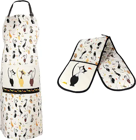 SPOTTED DOG GIFT COMPANY Juego 3 Paño de Cocina, Delantal y Manoplas Horno Doble, 100% Algodón Diseño Gatos, Regalos Originales para Mujer, Cocineros y Amantes de los Gato  