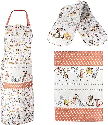 SPOTTED DOG GIFT COMPANY Juego 3 Paño de Cocina, Delantal y Manoplas Horno Doble, 100% Algodón Divertido Diseño Perros, Regalos Originales para Mujer, Cocineros y Amantes de los Perro  