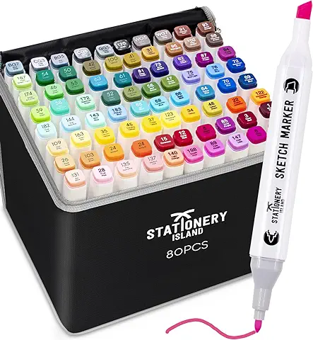 Stationery Island Rotuladores de Alcohol 80 Colores Rotuladores Doble Punta, Marcadores para Niños y Adultos Dibujo, Caligrafía, Manga, Graffiti, Ilustración  