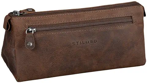 STILORD 'Alexis' Estuche Escolar Cuero Vintage para Lápices Bolsa Portatodo para Maquillaje Cartuchera de Genuino Piel, Color:Missouri - Marrón  