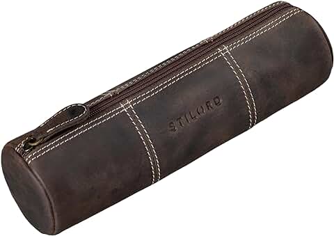 STILORD 'Cato' Estuche de Cuero Vintage Bolsa para Lápices y Bolígrafos Estuche Escolar Redondo Portatodo para Hombre Mujer Cartuchera de Piel Auténtica  