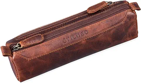 STILORD 'Jim' Estuche o Bolsa para Lápices y Bolígrafos de Cuero Portatodo Escolar Redondo para Hombres y Mujeres Cartuchera de Piel Auténtica  