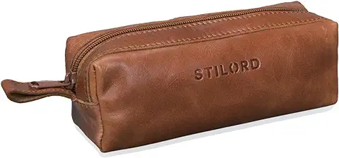 STILORD 'Linus' Estuche Escolar para Lápices de Piel Bolsa o Portatodo para Maquillaje Colegio o Viaje Cartuchera Cuadrada de Genuino Cuero Vintage  