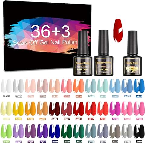 STINLAND 39psc 8ml Esmalte Semipermanente, 36 Colores Pintauñas Semipermanentes de Gel Kit de Esmalte de Uñas con Base, Top Coat Brillante y Mate, Para Salón de Uñas en Casa  