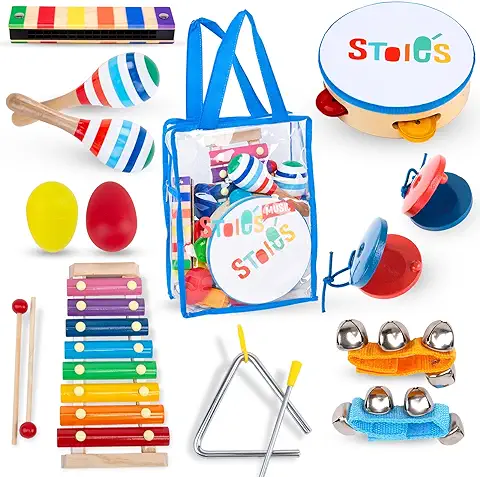 Stoie's Juego de Instrumentos Musicales para Niños, 15 Piezas para Niños de 3 a 5 Años, Juguetes Musicales de Percusión de Madera para Bebés para Niños y Niñas de 9 a 12 Años, con Xilófono y Maracas  