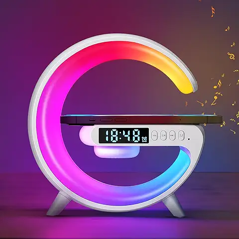 SUNJULY Lámpara de Noche con Cargador Inalámbrico, 2023 Nueva Lámpara de Escritorio LED Inteligente, Altavoz Bluetooth, Mini Luz Nocturna, Despertador Musical, Control de Botones  