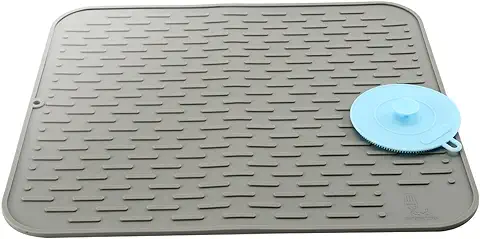 SUPER KITCHEN Grande Escurreplatos Silicona con un Esponja de Silicona, Alfombrilla Escurreplatos, Esteras de Secado, Salvamanteles Resistente al Calor, para Cocina, Encimera (45×40 cm, Gris)  