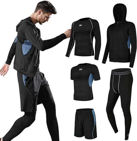 Superora 5 Piezas Conjunto de Ropa Deportiva Hombre Camisetas Pantalon Corto Deporte Ropa Secado Rápido Traje Deportivo Elástico Cremallera Suave Correr  