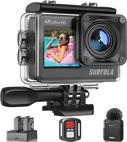 Surfola Cámara Deportiva 4K 60FPS 24MP WiFi Cámara Acuatica Sumergible con Micrófono Inalámbrico y Cámara Accion de Casco de Doble Pantalla para Andar en Moto y Vlog de Snorkel  