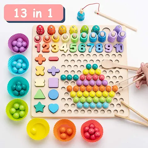 Surplex Juegos Montessori Matematicas Juguete Educativo de Pesca Magnética, Clip Beads Juego de Mesa, de Madera, Rompecabezas Año Nuevo, Manos Cerebro Entrenamiento para 3-5 Años Niños  