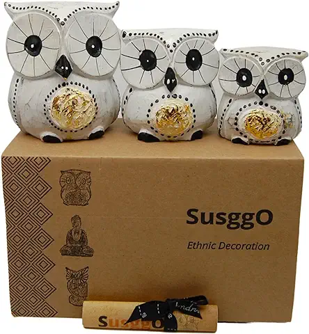 SusggO Set 3 Buhos Decorativos Madera - Buho Decoracion - Buhos Figuras - Buhos de la Suerte - Idea Adorno Mueble (Blanco Detalles Dorados)  