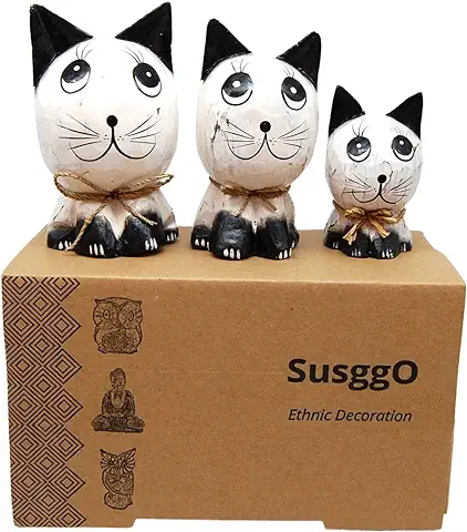 SusggO Set de 3 Gatos de Madera. Hechos a Mano Artesania Figuras Gatos Decorativos Decoracion Tallado a Mano Gato de la Suerte Adorno Mueble (Blanco DECAPADO Detalles Negros GBN)  