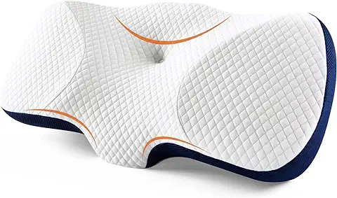 Sweetnight Almohada para Cuello de Espuma Viscoelástica, 67x35cm, Alto de 12/ 8,5cm, Almohada Ergonómica con Funda Extraíble y Lavable, Blanco/ Azul Marino, para Dormir de Lado y de Boca Arriba  