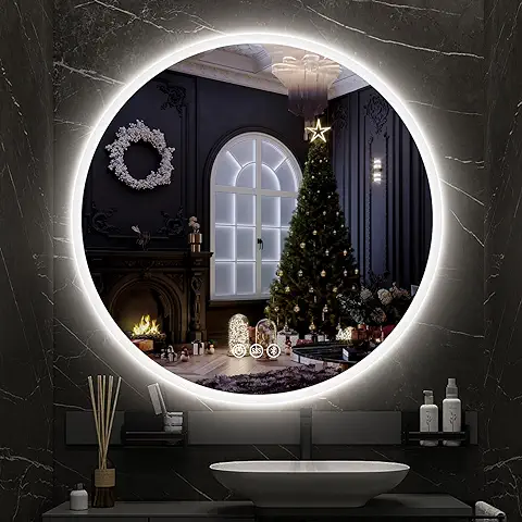 S'bagno 80 cm Espejo de Baño Redondo con Retroiluminación, Espejo Baño con Luz con Atenuación Antivaho Cambio de Color, Espejo Baño LED con Altavoz Bluetooth  