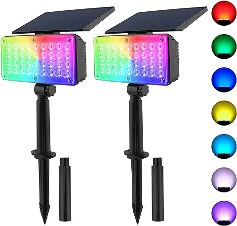 T-SUN Foco Solar 36 LED Luces Solares Exterior Jardin Foco Proyector Exterior,Impermeable, 2 Modos, Encendido/Apagado Automático, para árboles, Jardines, Carreteras, Césped (RGB, 2PC)  