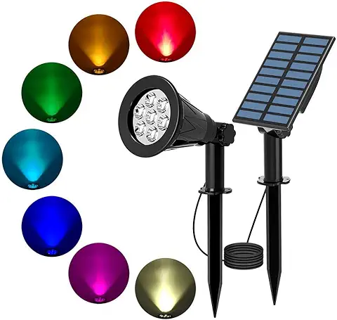 T-SUN Foco Solar 7LED, Luz Solar Exterior Jardín con 3M Cable, Cambio de Color Luz de Paisaje al Aire Libre, Proyector Solar Exterior Impermeable IP65 para Jardín/Camino/Terraza.  