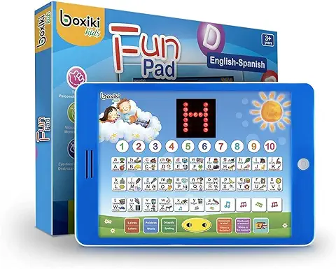 Tablet Educativa de Juguete Bilingüe Español-Inglés de Boxiki Kids con Pantalla LCD por Pad Toca y Enseña para Niños Aprendiendo Español e Inglés. Juegos ABC, Deletreo, Juegos, Melodias Divertidas  