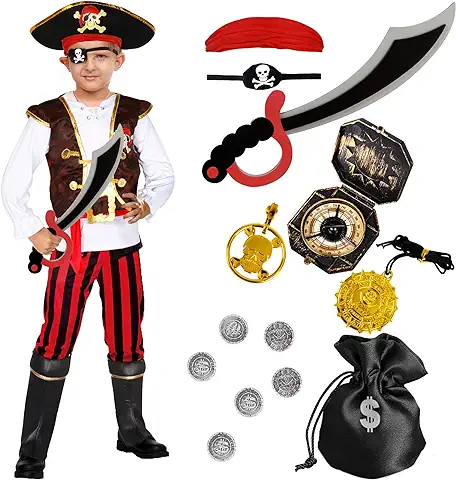 Tacobear Disfraz Pirata Niño con Pirata Accesorios Pirata Sombrero Parche Brújula Bolso Pendiente Pirata Capitán Disfraz de Halloween Carnaval para Niños Infantil 4 5 6 7 8 9 10 Años  