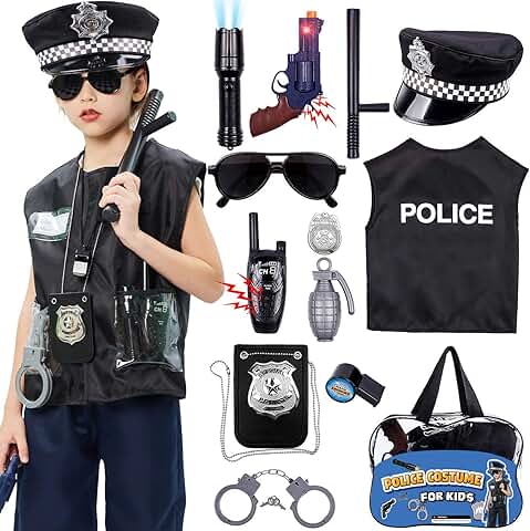 Tacobear Policía Disfraz Niño con Equipo: Chaleco Gorra Placa Esposas Gafas de sol Walkie Talkie, Juguete Kit para Halloween Fiesta Carnaval  