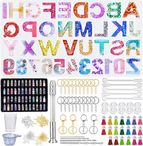 Tailcas 314 Piezas Moldes Silicona de Resina Epoxi con Número de Letras, Kit con 48 Polvo de Purpurina y Accesorios para Hacer Colgante, Joyería, Llavero, DIY, Manualidades  