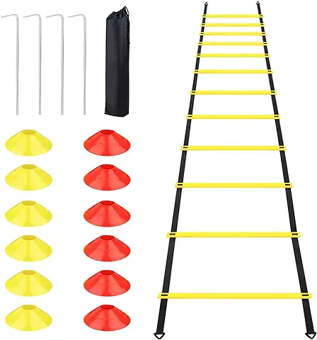 Talifoca Accesorios de Entrenamiento de Fútbol Agility Ladder 6 M-12 Peldaños, Escalera de Entrenamiento de Fútbol Escalera de Coordinación con 12 Conos y 4 Estacas para Entrenamiento  