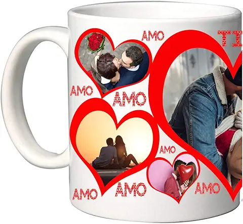 Taza de Cerámica Personalizable con foto en el Interior de los Corazones con Texto «Ti Amo» (7 Fotos con Frases te amo)  