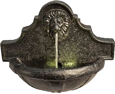 Teamson Home Fuente de Agua con Luces y Bomba para Jardín y Exteriores, Fuente de Agua Montada en la Pared, Adorno Cascada de Piedra con Cabeza de León para Interiores, Decoración de Patio  