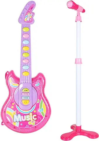 Teclado Educativo Instrumento Musical Guitarra Linda para Niños con Accesorios de Micrófono, Rosa., Talla única  