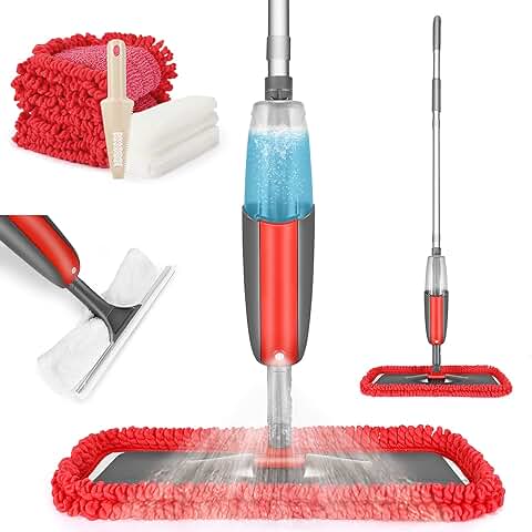 Tencoz Spray Mop, Fregona con Vaporizador, Mopa Fregona con 2 Rojo Trapo y 2 Blanco Bayetas, Mopa Spray Rotación de 360° para la Limpieza del Hogar  