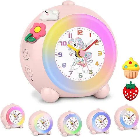 TENOCK Despertador Analógico para Niños, Diseño de Unicornio, Despertador Infantil sin Cosquillas, Despertador con luz de Colores, Volumen Ajustable (Rosa)  