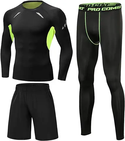 Terecey 3 Piezas Conjunto de Compresion Hombre Camisetas Manga Larga Cuello Redondo + Mallas Deporte Hombre + Pantalones Cortos para Running Correr Gym Fitness  