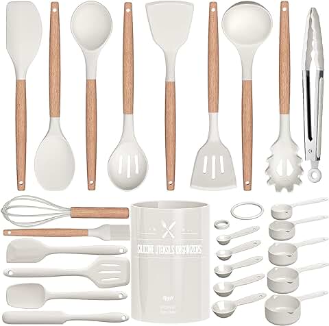 Terlulu Juego de 26 Utensilios de Cocina de Silicona, Resistentes al Calor, con Soporte para Utensilios, Antiadherente, con Mango de Madera, Tongs, Whisk, Espátula, Color Blanco  