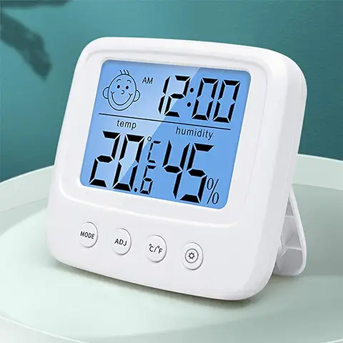 Termómetro Higrómetro Digital, Medidor de Temperatura para Medición de Temperatura y Humedad del Casa Ambiente con luz de Fondo, Reloj y Función ℃ / ℉  