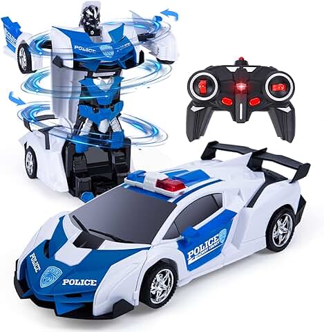 Thedttoy Coche Teledirigido Robot, 2 in 1 Coche Policia Teledirigido Juguetes para Niños 3-12 Años, Robot Coche de Policia Control Remoto Coche Teledirigido Policia Juguete Navidad Regalo (Blanco)  