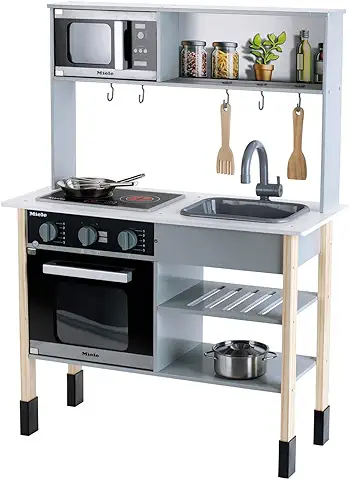 Theo Klein 7199 Cocina Miele, Cocina Blanca de Madera Que Incluye Placa de Cocción, Medidas 70 cm x 30 cm x 91 cm, de Acero Inoxidable y Madera, Juguete para Niños a Partir de 3 Años  