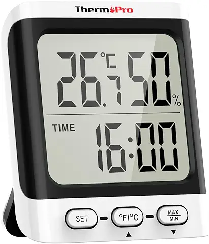 ThermoPro TP152 Termómetro Higrómetro de Interior, Medidor Humedad con Reloj y Pantalla LCD Grande de 3.3 Pulgadas, Termómetro Digital Casa para Medir el Ambiente del Hogar  