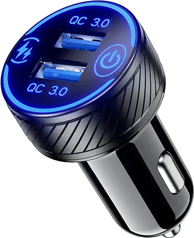 Thlevel Cargador Coche 36W / 3A Cargador de Coche Carga Rapida Dual QC3.0 Puerto Cargador Coche USB c con LED Azul y Interruptor Táctil para IPhone 12/11 Pro/MAX/8, Galaxy S21/20/10/9  